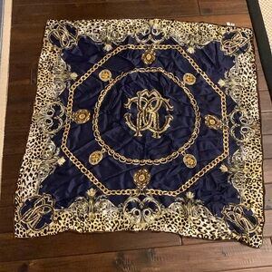 Dahlia Silk Square Scarf EUC in blue, gold, black and brown